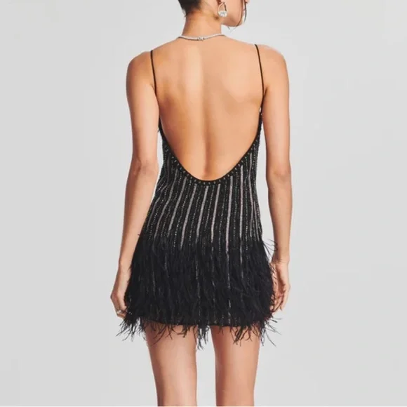 Retrofete Rubina Sequin Feather Mini Dress Black Square Neck - Picture 3 of 6